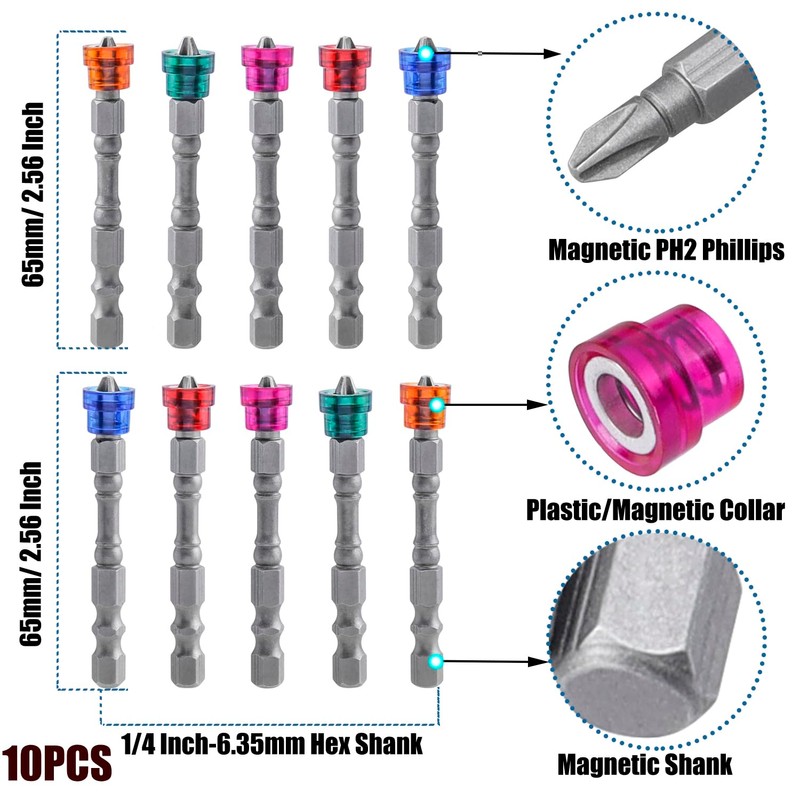 Treki Colourful PH2 Screwdriver Bits Set, 10pcs Magnetic Collar Screwdriver