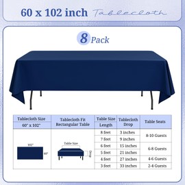 REWOMC 8 Pack Polyester Tablecloth 60 x 102 Inch, Navy Blue Rectangle Table Cloth for 6 Ft Tables, Stain and Wrinkle Resistant Washable Table Cover for Kitchen Wedding Banquet Restaurant Party