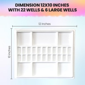 Ceramic Watercolor Paint Palette with Wooden Lid - 12x10 Inch Porcelain Mixing Tray with 22 Wells and 6 Large Wells - Professional Palette for Gouache, Acrylics, and More - Durable Design