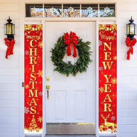 Christmas Door Decorations Banner, Red and Gold Christmas Porch Sign Merry Christmas and Happy New Year Banners Xmas Tree Elk Front Door Christmas Decorations for Indoor Outdoor Christmas Holiday