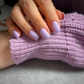 SXVME Light Purple Press on Nails Short Medium Square, Short False Nails Coffin, Glossy Solid Pastel Lavender Fake Nails Set,Natural Fit, Reusable Soft Gel Stick on Nail for Women, in 24 Pcs