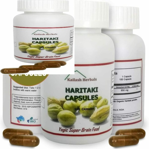 Organic Haritaki Capsules- Kailash Herbals-100 650 mg Brown