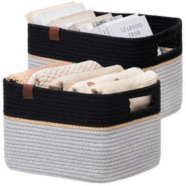 UBBCARE 2 Pack-15''L x 10''W x 9''H Storage Baskets for Shelves, Large Woven Rope Basket, Black&Grey