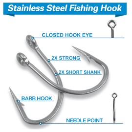Stainless Steel Live Bait Fishing Hooks, 30pcs 2X Strong Big Game Saltwater Hooks Short Shank Barbed Hooks for Muskie Crucian Pickerel Tarpon Fly Fish Hook 1#-5/0