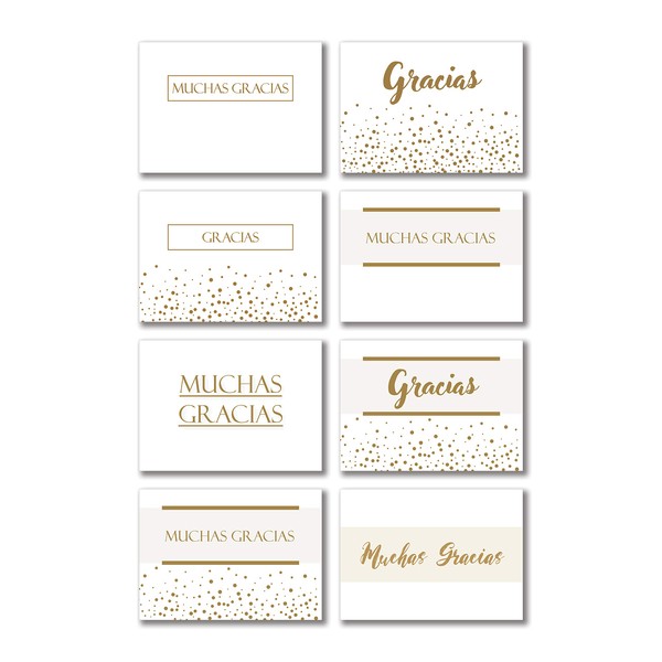 Spanish Shimmering Gold Thank You Cards - 8 Unique Designs - Pack of 48