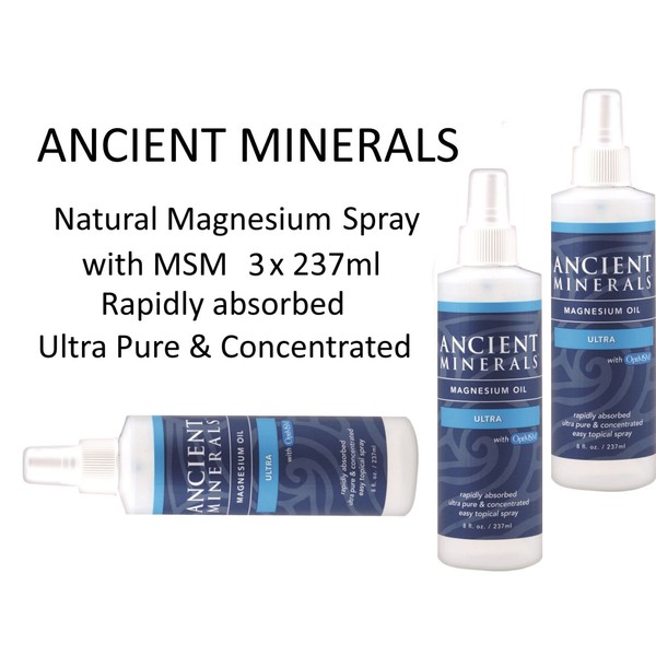 3 x 237ml ANCIENT MINERALS ULTRA 100% PURE Magnesium Oil  & MSM ( with Spray )