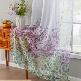 Curtains Purple Floral With Tie Backs Semi Boho Patterned Light Filtering Grommet Linen Farmhouse Window Drapes 95 Inch Long 2 Panels Green Leaf Modern for Dinning Girls Living Room Bedroom 52w x 95l