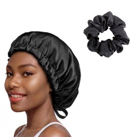 SIXHANS Sleep Bonnet for Women & Men - Double Layer Satin Hair Bonnet with Adjustable Strap, Black Bonnet for Curly Hair, Sleep Bonnet for Black Women, Satin Hair Cap for Sleeping, Satin Night Cap