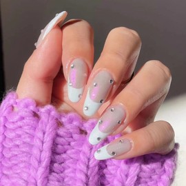 BABALAL Almond Press on Nails Medium Fake Nails White French Tip Glue on Nails 24Pcs Chrome Stiletto Shiny Rhinestone Acrylic Nails for Women and Girls