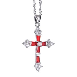 RIZILIA Crucifix Cross Pendant with 45cm(18") Chain & Trapezoid Cut Gemstones CZ [Red Ruby] in 18K White Gold Plated, Simple Modern Elegance