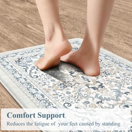 KIMODE Kitchen Floor Mats Cushioned Anti Fatigue,Boho Vintage Floral Rugs Sets of 2,Ergonomic Memory Foam Carpet Non Slip, Comfort Runner for Sink Laundry Office,Light Blue 17"x29.5"+17" x47”