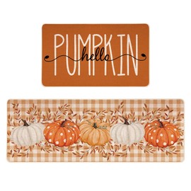 Siilues Fall Kitchen Mats Set of 2, Non-Slip Orange Hello Pumpkin Kitchen Rugs for Floor Seasonal Autumn Thanksgiving Home Decor Low-Profile - 17x29 and 17x47 Inch