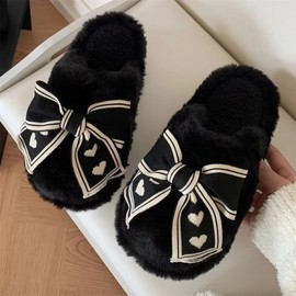 New 2024 Women's Winter Home Fashion Fluffy Ribbon Slippers Heart Ribbon White (Sizes 40-41) 5ea