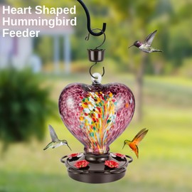 Heart Shaped Hummingbird Feeder, Hand Blown Glass 28 fl.oz, Leak Proof, Ant Moat, Outdoor Hanging Bird Feeder, Garden Decor, Gift for Bird Lovers, Purple, Valentines Day Gift