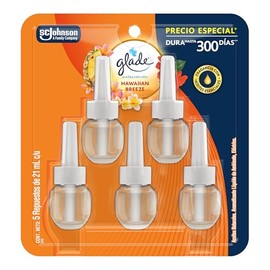 Glade Aromatizante para Hogar Eléctrico Hawaiian Breeze, 5 Repuestos 21 ml