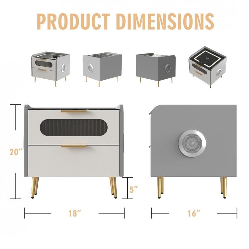 Smart Nightstand with Safe, Two-Drawer Multifunction LED Nightstand Modern End