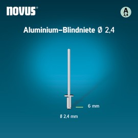 Novus Tools Aluminium-Blindnieten Ø 2,4 mm, 6 mm Länge, 30 Nieten, 2,0-4,0 mm Klemmlänge, ideal zur Befestigung von Nichteisen-Metall, Kunststoff, Leder und Stoffe