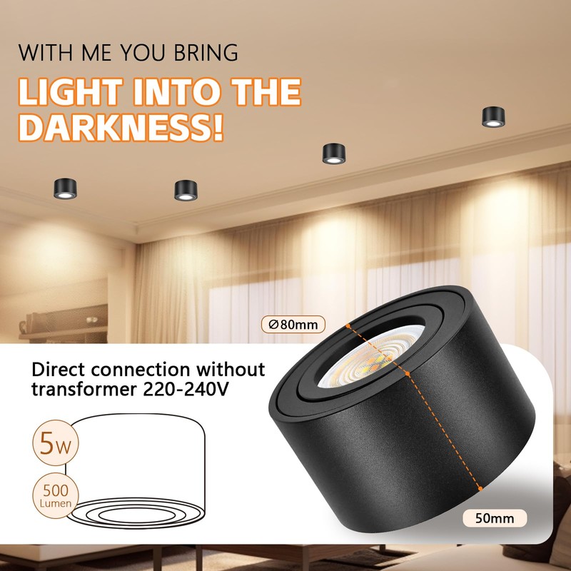 YindaLux 3CCT LED Surface-Mounted Spotlight, Extra Flat, Black, Diameter 80