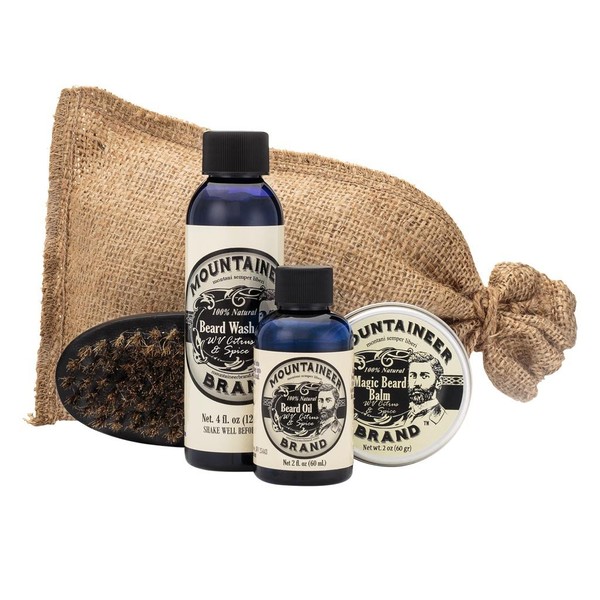 Beard Care Kit by Mountaineer Brand: All-Natural, Complete Beard Care in one Kit (WV Citrus & Spice) Includes: Beard Oil, Beard Balm, Beard Wash, and Beard Brush
