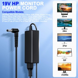 for HP Monitor Power Cord 27" 25" 23.8" 23" 21.5" 20" 19V Power Supply for HP Monitor 27f 24f 22cwa 24m 23er 23es 27eb 32f vh240a 24ea 27 25vx 27es ADPC1945 IPS LED Backlit Full HD Display