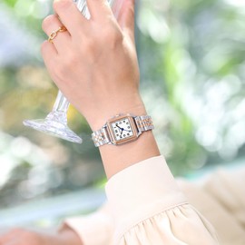 VXFAIZY Square Delicate Women's Watch with Arabic Numerals Easy to Read Costume Watch for Women, Silver-rose gold black, Bracelet