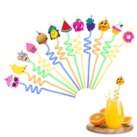 smtfcty Cartoon Children's Straws, Pack of 12 Reusable Plastic Straws, Novelty Curly Straws, Party Straws, Colourful Fruit Straws for Birthday, Christmas, Decorations, Party Accessories