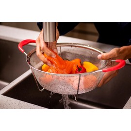 Hercules Chef by Mundial Stainless Steel Colander Strainer with Red Silicone Handles - 9.8"