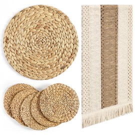 Baderke 7 Pcs Boho Table Runner and Placemats Set Table Runner 11.8 Inch Round Woven Placemats, Braided Natural Water Hyacinth Place Mat Farmhouse Rustic Table Runner for Home Dining (12 x 72 Inch)