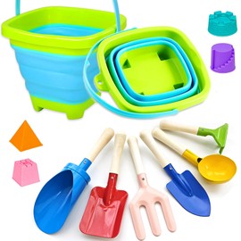 KY-Tech Collapsible Beach Toys Set for Kids, Foldable Beach Bucket And Spade Set, Collapsible Sand Bucket with 6pcs Metal Beach Shovel and 4pcs Sand Moulds for Children Toddles Age 3 4 5