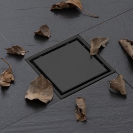 HAMOLER 6 Pulgadas Desagüe de Piso de Ducha Invisible Cuadrado Moderno Rejilla de Drenaje de Suelo Antiobstrucción Enchufable para Ducha, Negro