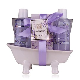 Accentra Women's Shower Set Lavender in Beautiful Ceramic Bathtub - 3-Piece Care Set with Shower Gel, Bubble Bath & Bath Salt - Wellness Gift Set for Birthday, Valentine's Day & Christmas