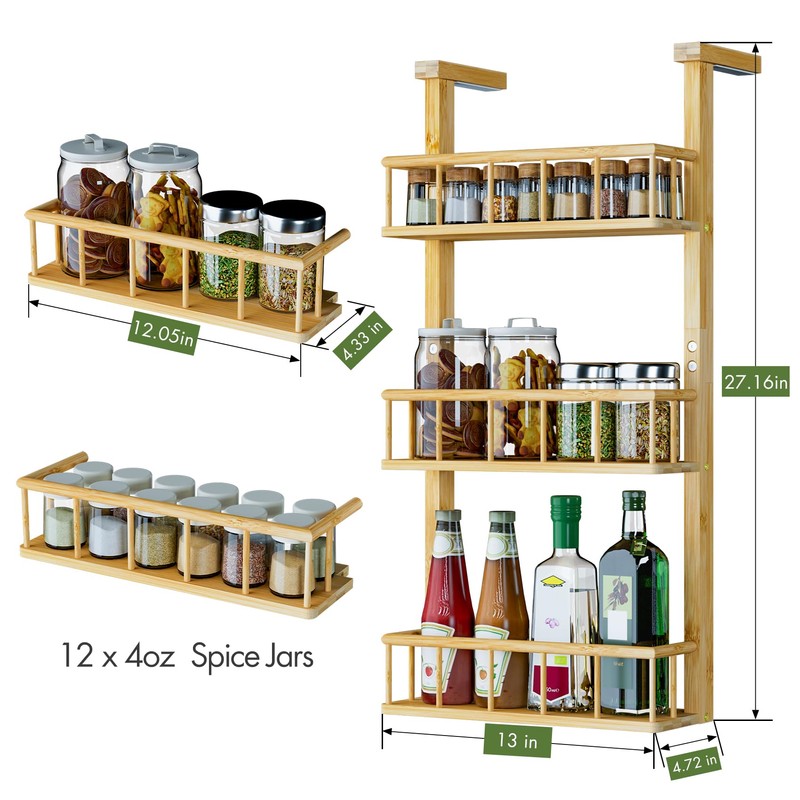 Hanging Spice Rack for Refrigerator - 3 Tier Bamboo Kitchen