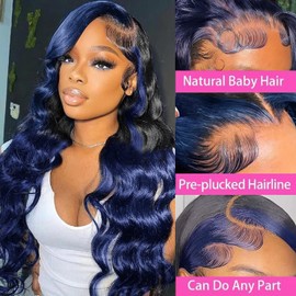 Ombre Blue13x4 Lace Front Wigs Human Hair Body Wave 1B/Blue Skunk Stripe Lace Frontal Wigs Pre Plucked Hairline Royal Blue Highlight HD Lace Front Wigs With Streaks Colored 150% Densty 24 Inch