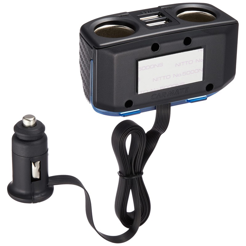 Carmate DZ322 Car Socket, With 2 Flat Cord, 2 USB