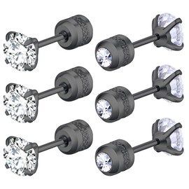 Mochity 3 Pairs of Earrings Set for Men and Women, Hypoallergenic Earrings, Gold Sliver Black, 316L Stainless Steel Cubic Zirconia Stud Earrings, Sleep Earrings, 3/4/5 mm, Stainless Steel, Cubic