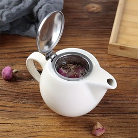 350ML Ceramic Tea Pot Stainless Steel Lid and Extra-Fine Infuser To Brew Loose Leaf Tea Thermostability Pure Color (White)