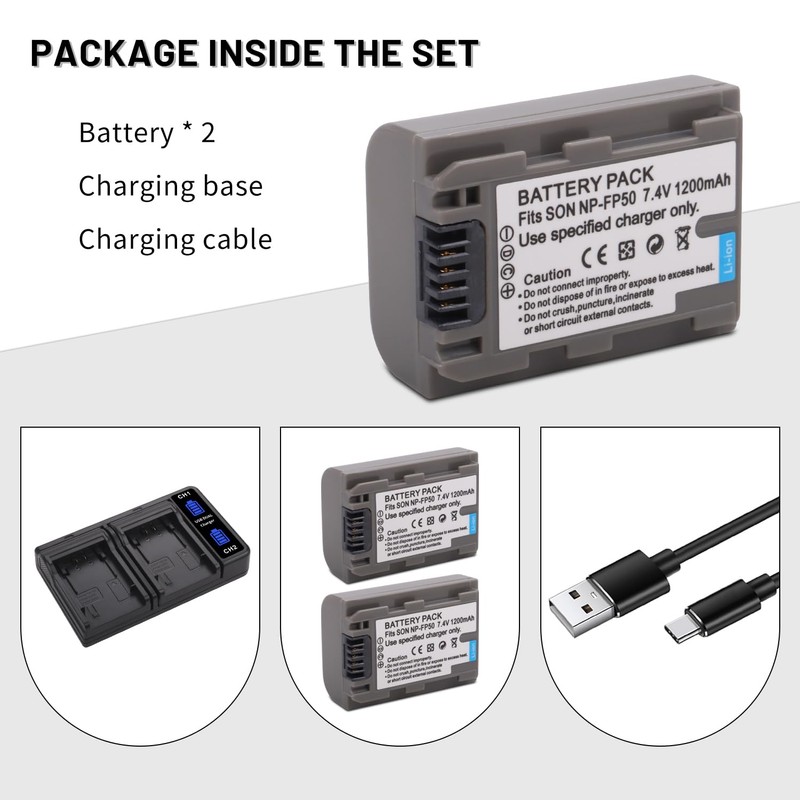 2-Pack NP-FP50 Battery with Dual Charger for Sony NP-FP30 NP-FP60