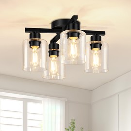 Asnxcju Semi Flush Mount Ceiling Light, 4-Lights Kitchen Lighting Fixtures Ceiling Mount, Modern Black Ceiling Lights with Clear Glass Shades for Bedroom, Entryway, Bathroom, Farmhouse