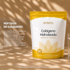 Entera | Colágeno Hidrolizado Puro 500 g en Polvo | Péptidos Tipo I y III | Grass-Fed | Sin Sabor | 50 Porciones