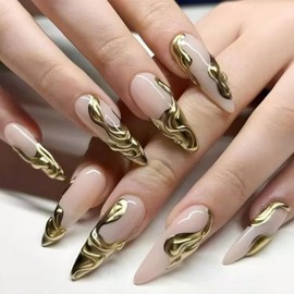 French Tip Press on Nails Long Stiletto Shaped Fake Nails Nude Glossy False Nails with 3D Gold Embossed Designs Stick on Nails Artificial Reusable Acrylic Nails DIY for Women Girls 24Pcs