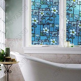 CVANU Privacy Window Film Printed Green Flower Window Frosting Film Window Sticker Frosted Vinyl Sheets for Front Door/Bathroom/Sidelight/Small Windows, 24''x100''