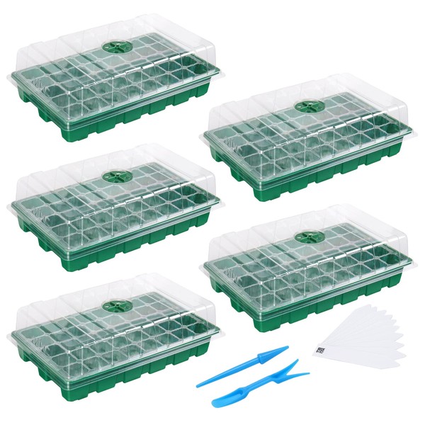 MIXC Seedling Trays Seed Starter Tray, 5-Pack Mini Propagator Plant Greenhouse Grow Kit with Humidity Vented Domes and Base for Seeds' Starting (40 Cells Per Tray, Total 200 Cells), Green