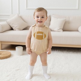 Newborn Baby Boy Girl Fall Clothes Football Embroidery Romper Striped Sleeveless Smocked Bodysuit Overalls Outfit (Coffee, 6-12 Months)