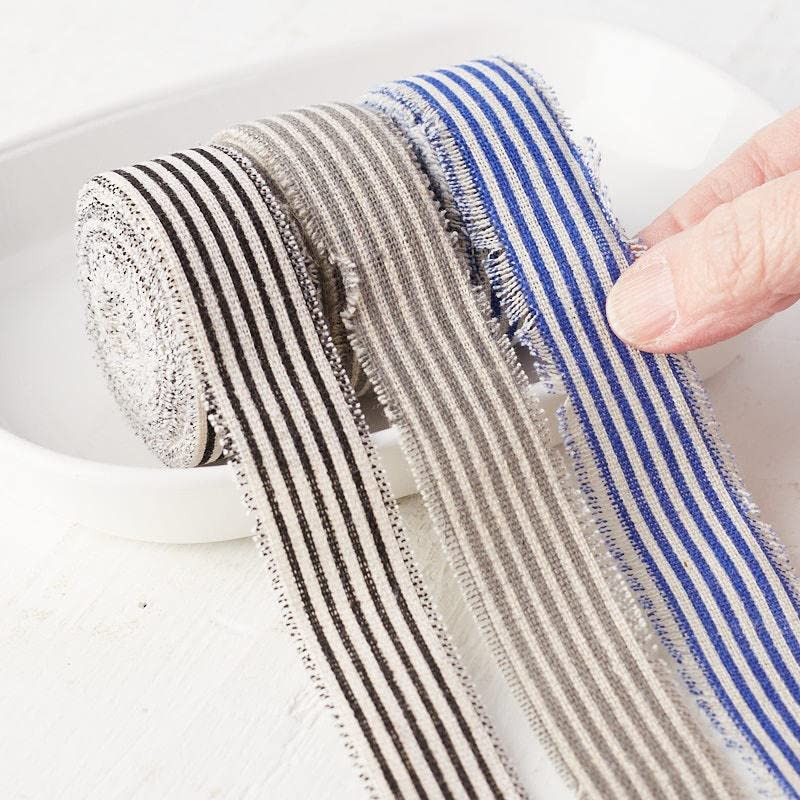 Group of 3 Black, Charcoal and Blue Striped Linen Ticking