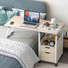 ILWorkTLs Height Adjustable Overbed Bedside Table with Wheels and Foldable Tabletop,Over Bed Laptop Desk with Drawer,Wood,White