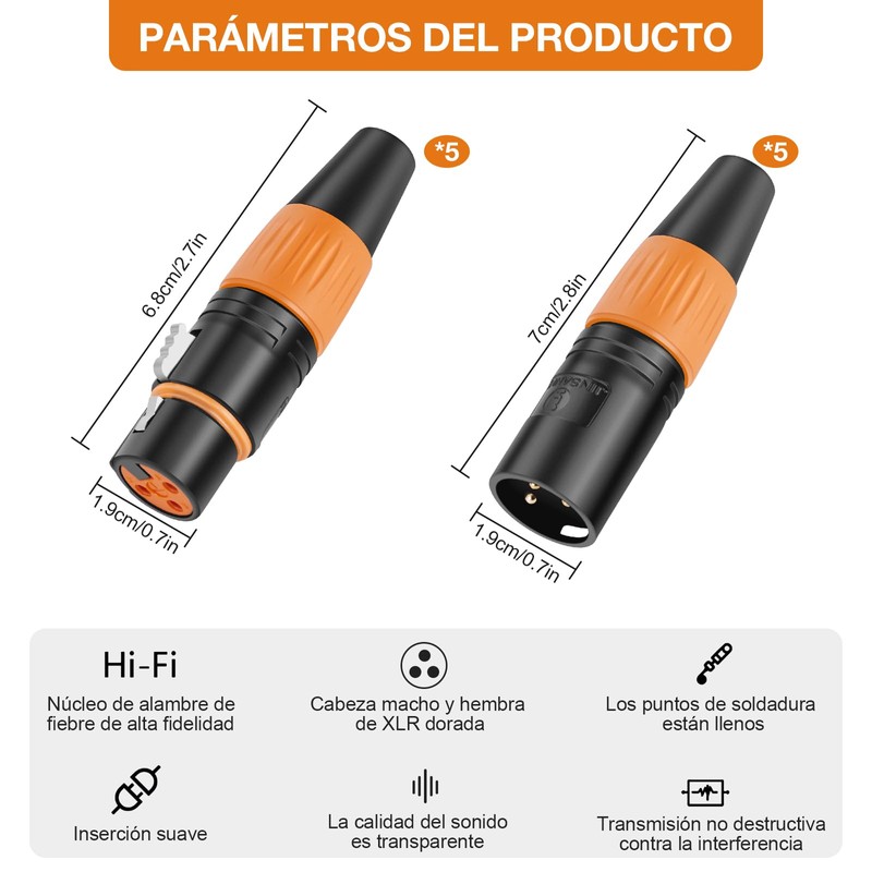 OUDAR Conector XLR de 3 Pines 5 Macho + 5