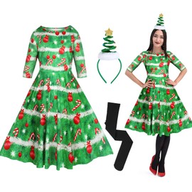 Janmercy 3 Pieces Christmas Tree Costumes for Women 3D Print Casual Flared Dress Christmas Tree Headbands and Velvet Tights(Large)