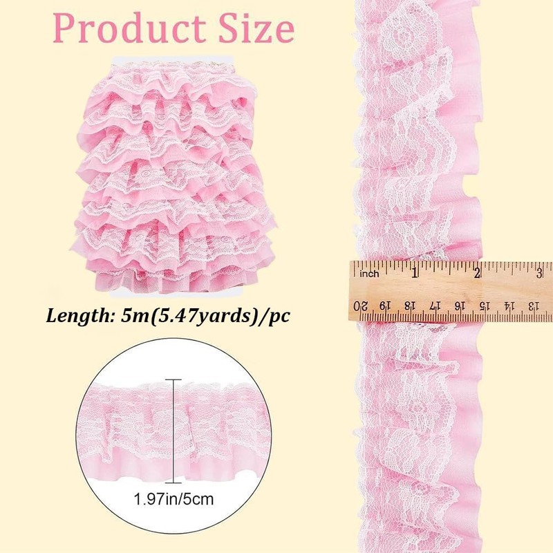 GORGECRAFT 5m*50mm Double Layer Chiffon Lace Edge Trim Pink Pleated