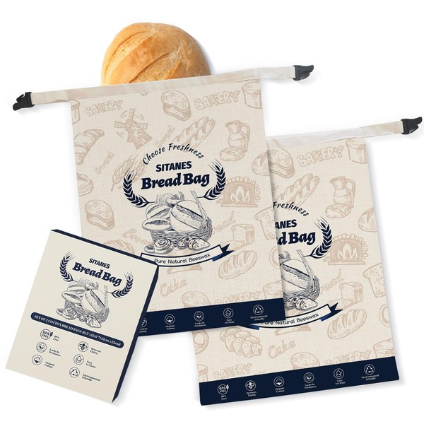SITANES Reusable Beeswax Bread Bags (2-Pack) – 16.5×12.6 Inches Natural