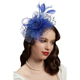 Cizoe Fascinators Hat for Women Tea Party Headband Kentucky Derby Wedding Flower Cocktail Mesh Feathers Hair Clip(1-Royal Blue)
